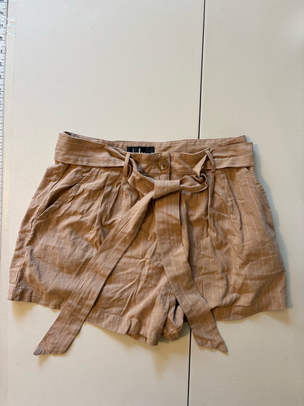 Lulus Paperbag High Waist Shorts Brown Size Large PinStripe Tie Belt Lightweight - Picture 2 of 10
